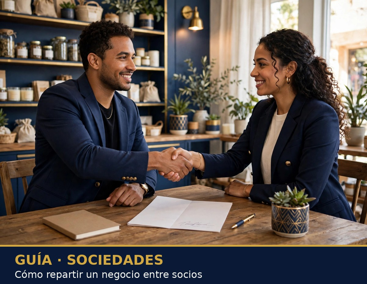 Socios de un negocio repartiendo la propiedad según capital, trabajo, clientes y riesgo