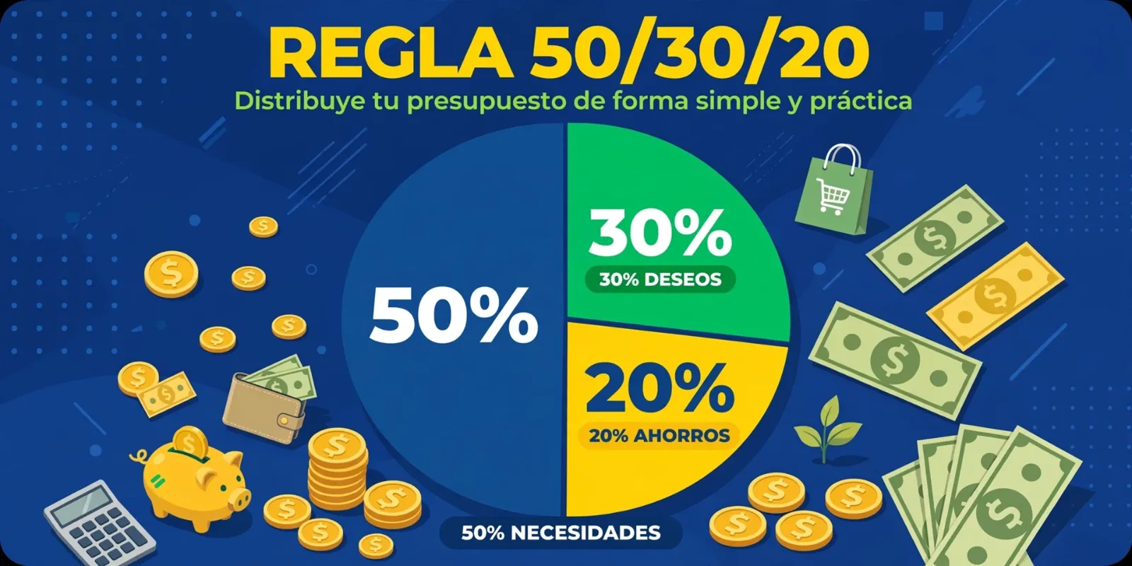 Sueldo dividido en tres partes: 50% necesidades, 30% deseos y 20% ahorro, según la regla 50/30/20