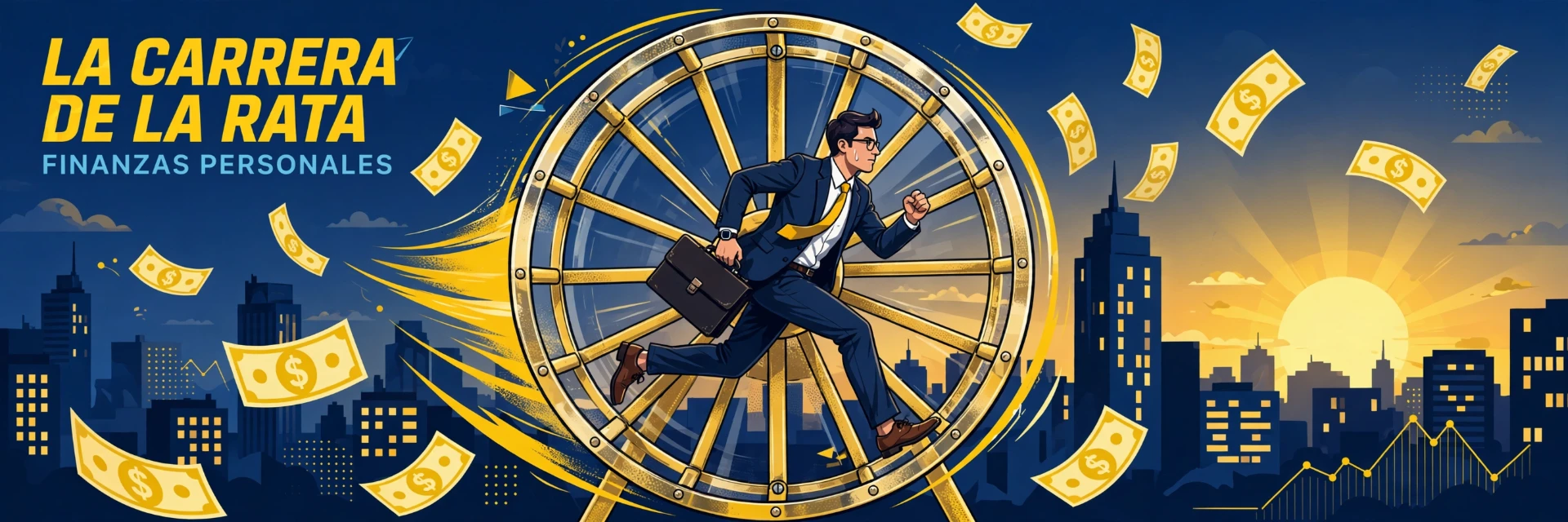 Persona atrapada en la rutina de trabajar solo para pagar cuentas, ilustrando la carrera de la rata