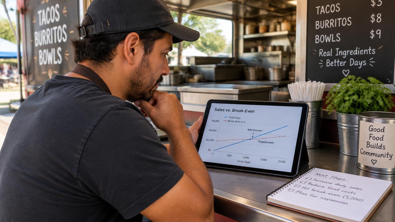 Dueño de un food truck revisando en una tableta su punto de equilibrio de ventas