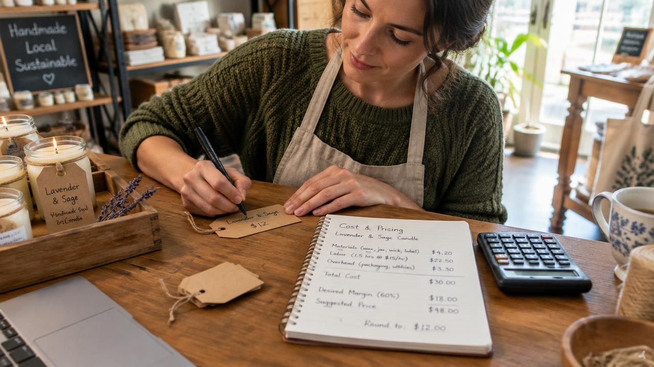 Emprendedora escribiendo el precio de su producto junto a sus cálculos de costo y margen